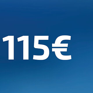 115 Euro Wertgutschein- Zahl steht auf blauem Hintergrund