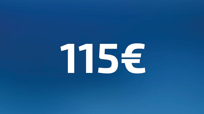 115 Euro Wertgutschein- Zahl steht auf blauem Hintergrund