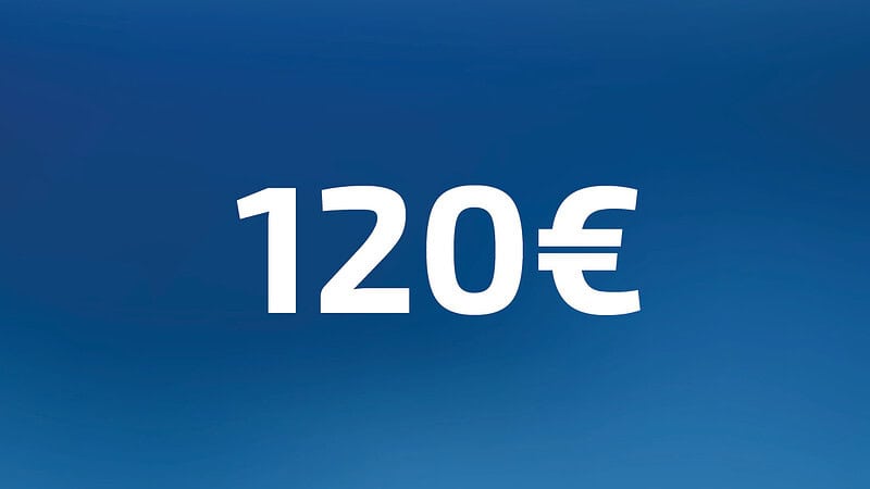 120 Euro Wertgutschein- Zahl steht auf blauem Hintergrund