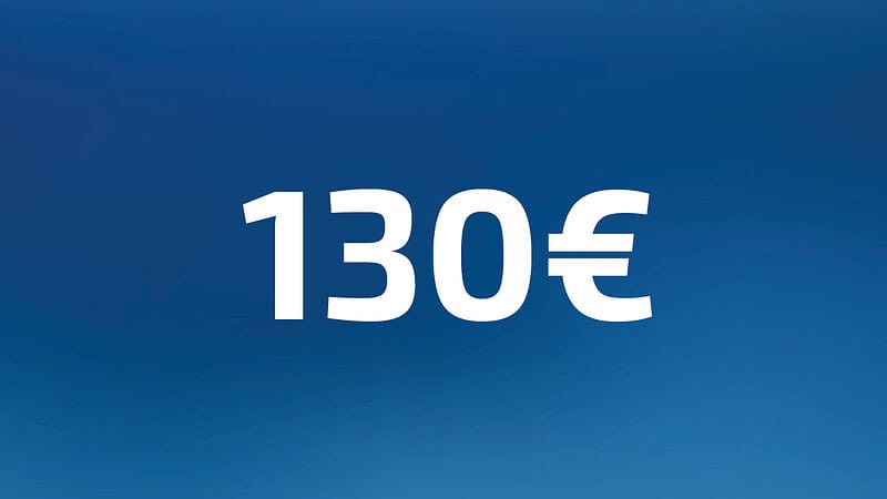 130 Euro Wertgutschein- Zahl steht auf blauem Hintergrund