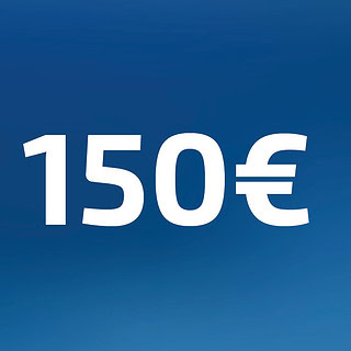 150 Euro Wertgutschein- Zahl steht auf blauem Hintergrund