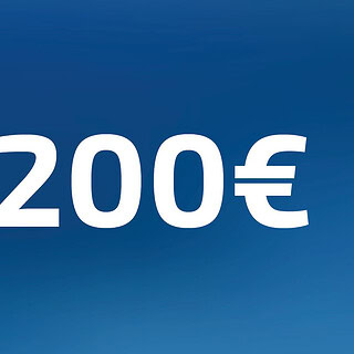 200 Euro Wertgutschein- Zahl steht auf blauem Hintergrund