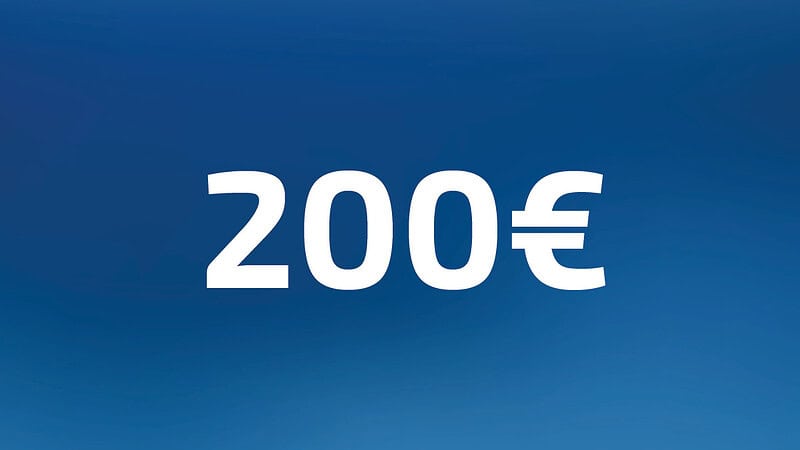 200 Euro Wertgutschein- Zahl steht auf blauem Hintergrund