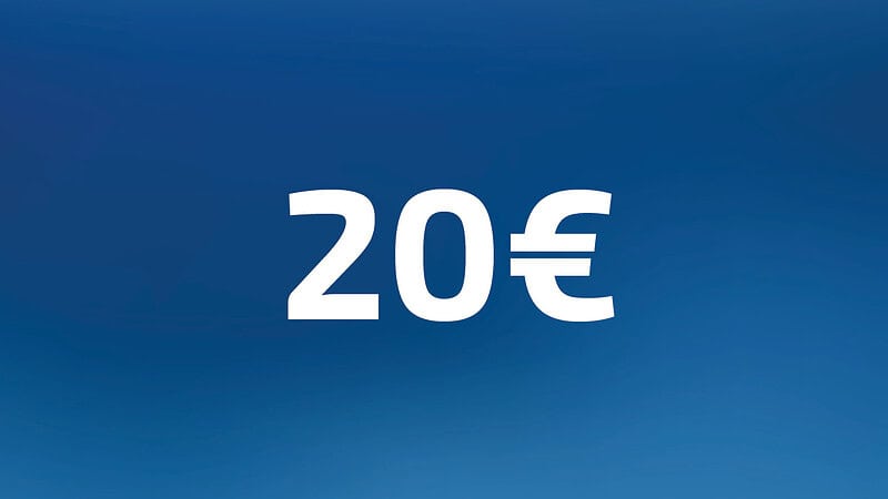 20 Euro Wertgutschein- Zahl steht auf blauem Hintergrund