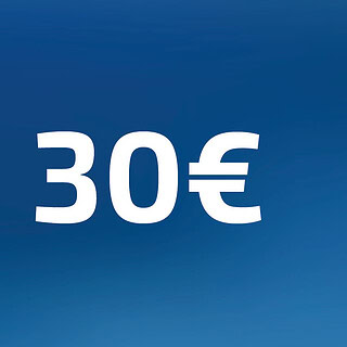 30 Euro Wertgutschein- Zahl steht auf blauem Hintergrund