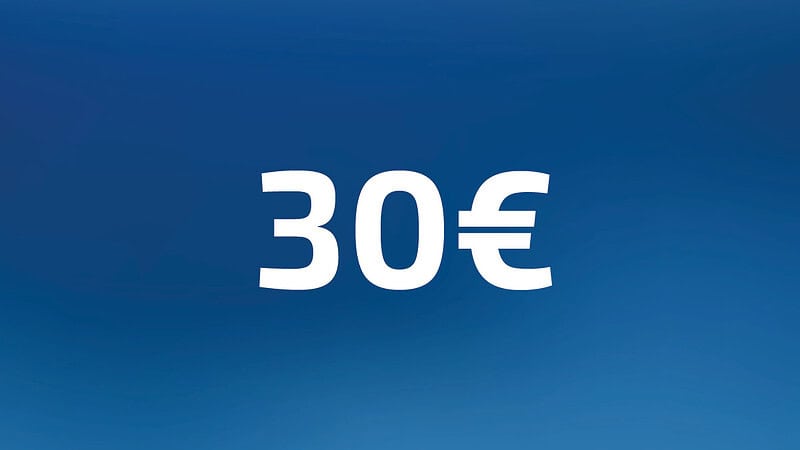 30 Euro Wertgutschein- Zahl steht auf blauem Hintergrund