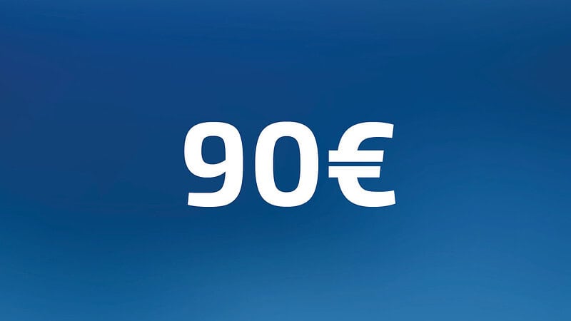 90 Euro Wertgutschein- Zahl steht auf blauem Hintergrund