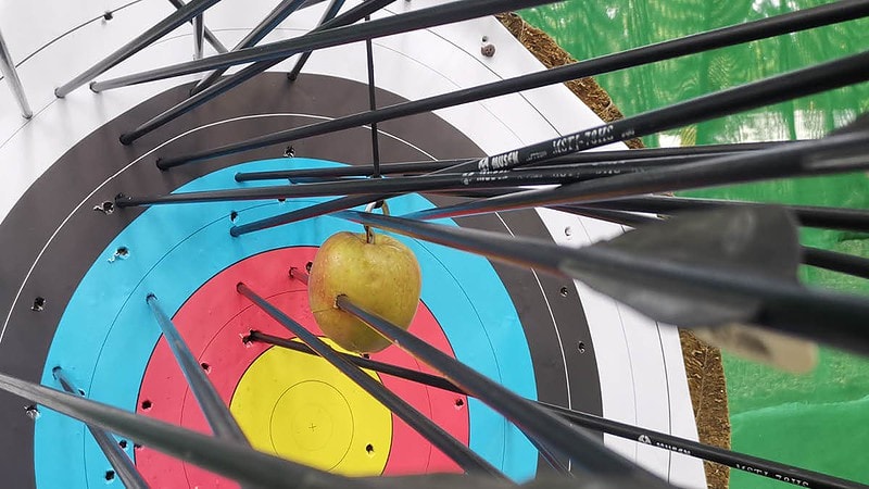 Zielscheibe mit etlichen Pfeilen und einem Apfel.