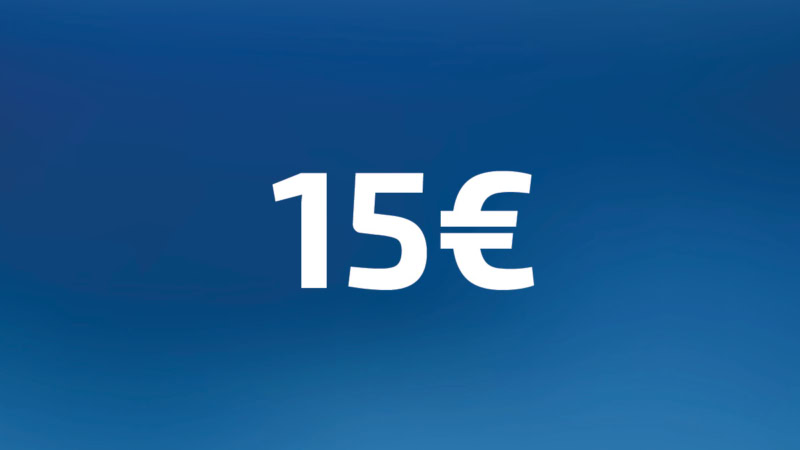 15 Euro Wertgutschein- Zahl steht auf blauem Hintergrund