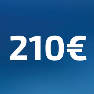 210 Euro Wertgutschein- Zahl steht auf blauem Hintergrund
