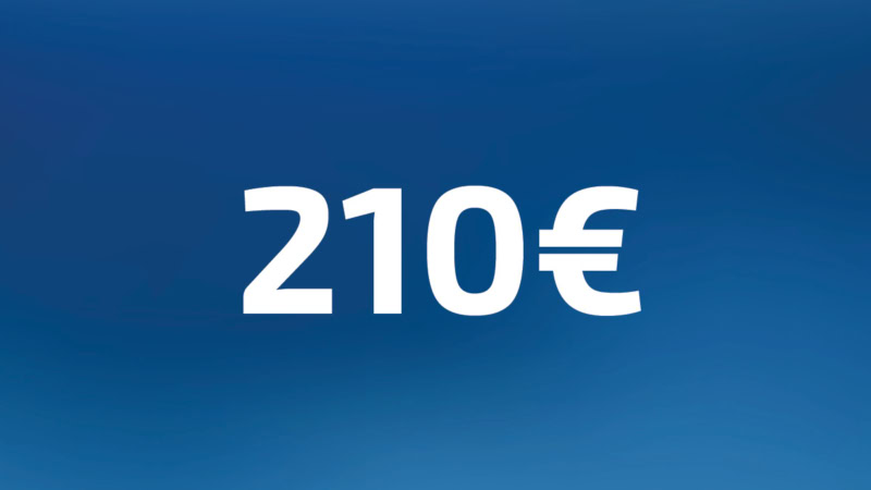 210 Euro Wertgutschein- Zahl steht auf blauem Hintergrund
