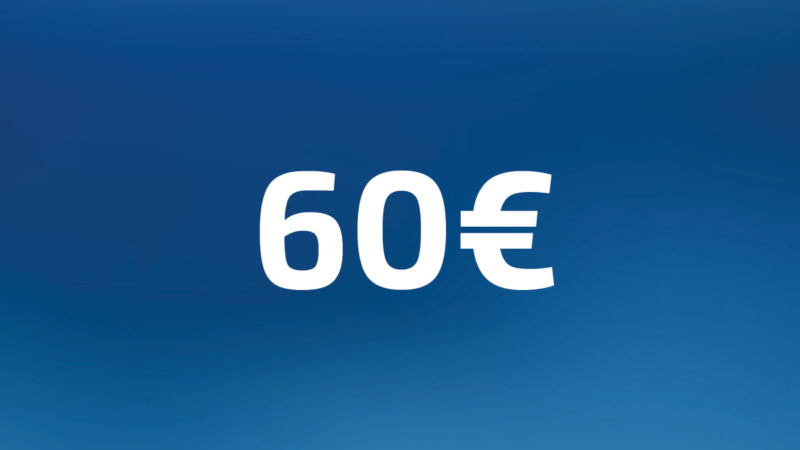 60 Euro Wertgutschein- Zahl steht auf blauem Hintergrund