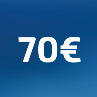 70 Euro Wertgutschein- Zahl steht auf blauem Hintergrund