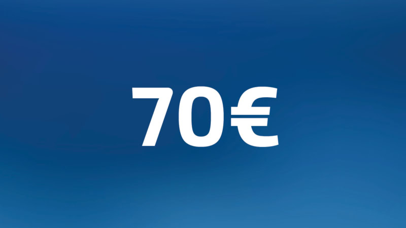 70 Euro Wertgutschein- Zahl steht auf blauem Hintergrund