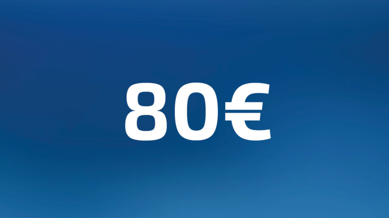 80 Euro Wertgutschein- Zahl steht auf blauem Hintergrund