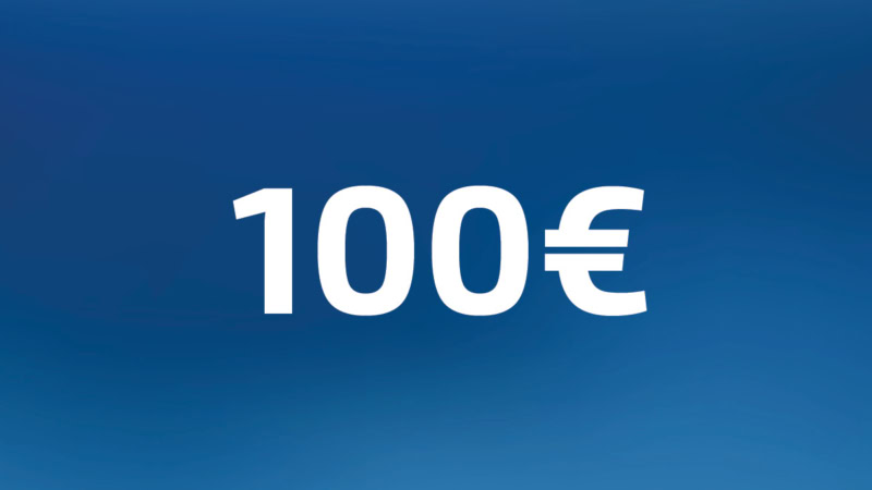 100 Euro Wertgutschein- Zahl steht auf blauem Hintergrund