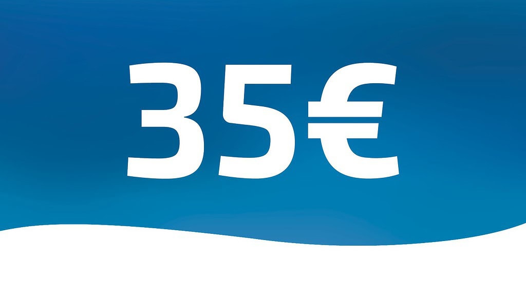 Erlebnisfabrik Wertgutschein 35 Euro auf blauem Hintergrund