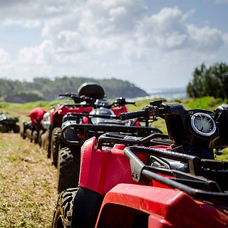 Quad-Tour.jpg Mehrere Quads stehen auf einem Feld in einer Reihe.