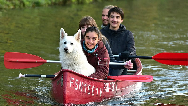 Familie mit Hund beim Kanufahren