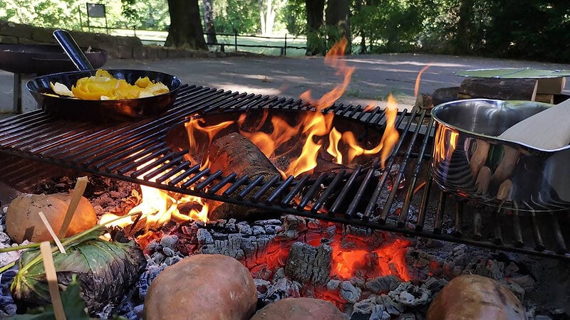 Grillfeuer mit Gemüse drauf.
