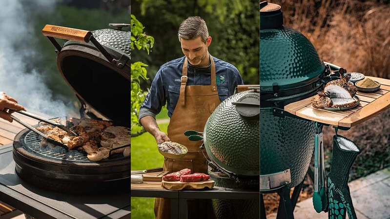 Ein Mann bereitet das Essen auf einem Kamado-Grill vor