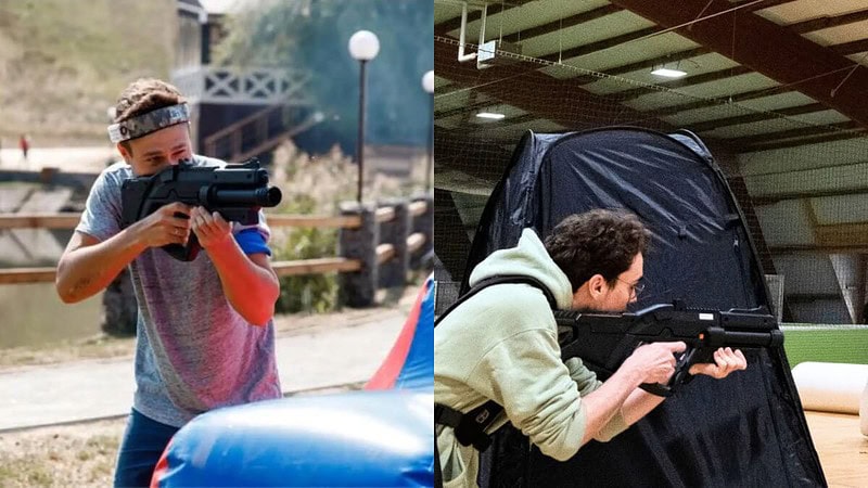 Ein Blick auf den Mann der Lasertag spielt und sich versteckt