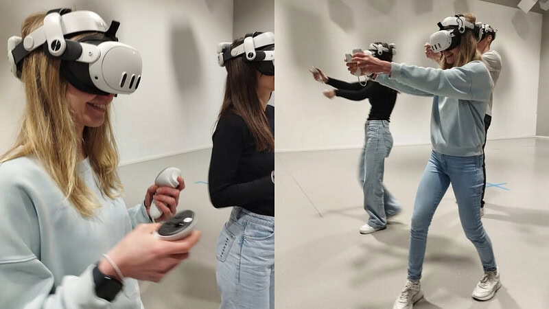 Die Teilnehmer des VR Spiel spielen zusammen in einer VR Arena