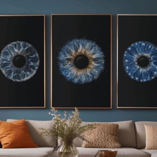 3 Bilder mit Iriden hängen an der Wand im Wohnzimmer