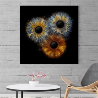 3 miteinander kollidierende Iriden wurden auf einer dunklen Leinwand verewigt, das Bild hängt an der Wand in einem Raum