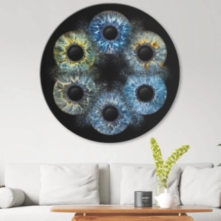 iris_fotoshooting_familie_web-21.jpeg 5 miteinander kollidierende Iriden wurden auf einer dunklen Leinwand verewigt, das Bild hängt an der Wand in einem Raum