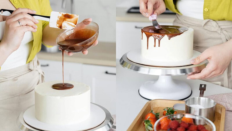 Eine Frau dekoriert Torte mit Schokolade von Hand