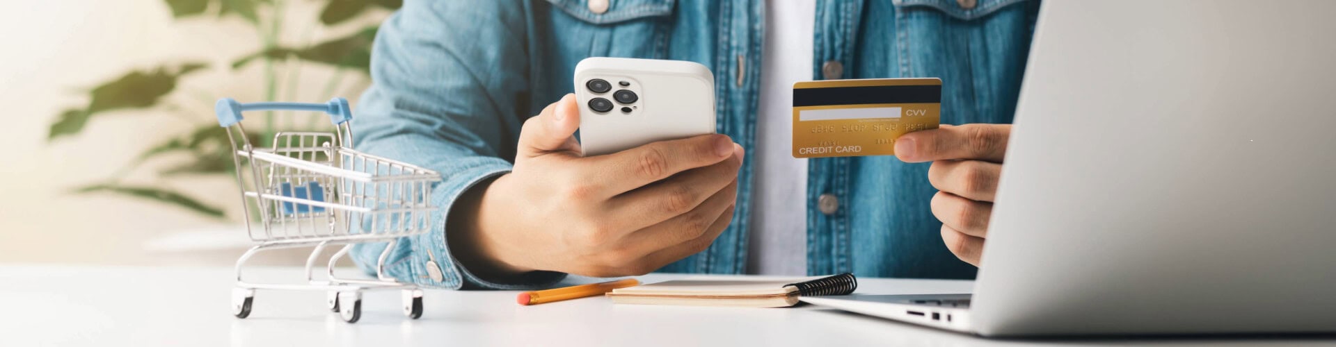 zahlungsarten-slider Ein Mann kauft auf einer Website ein, er hält eine Zahlungskarte in der Hand, neben ihm steht ein Miniatur-Einkaufswagen