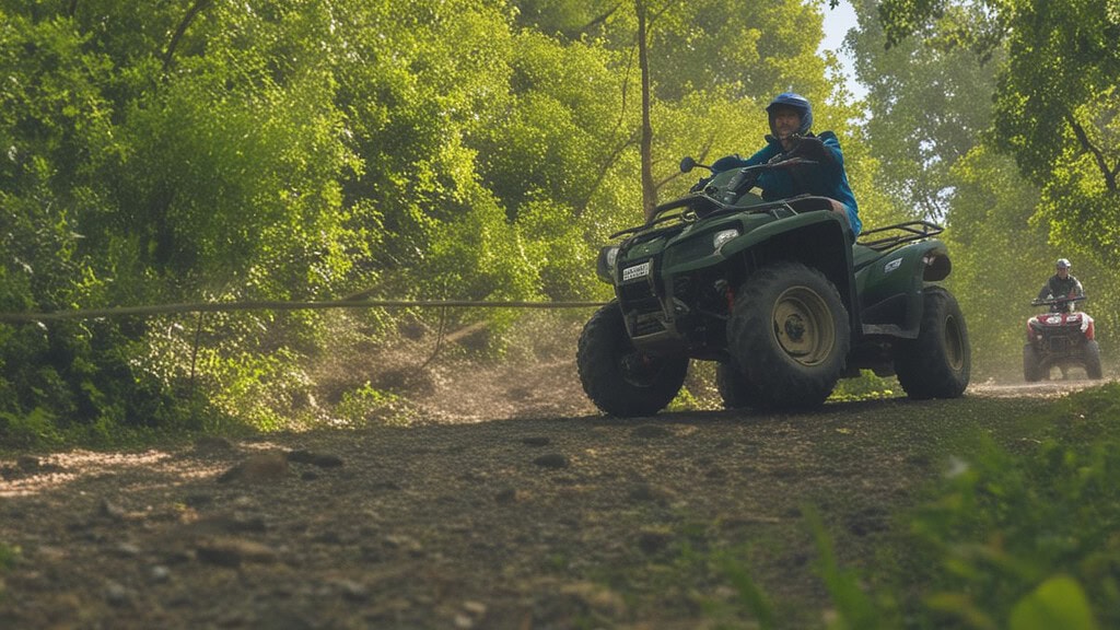 Quadtour-Allgaeu-zwei-Fahrer-im-Wald Zwei Quadfahrer im Wald auf einem Schotterweg