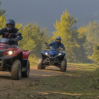 Quadtour-BayerischerWald-2-Quadfahrer-auf-Waldweg Zwei Quadfahrer düsen auf einem Schotterweg