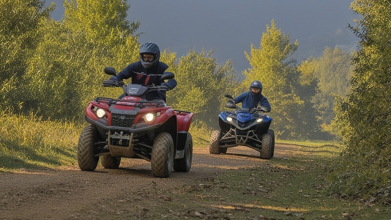 Zwei Quadfahrer düsen auf einem Schotterweg