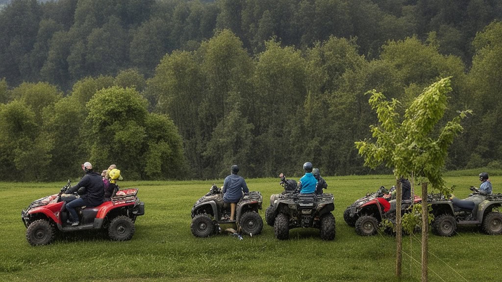 Quadtour-BayerischerWald-5-Quads-auf-Wiese Quad Gruppe macht auf einer Wiese Pause