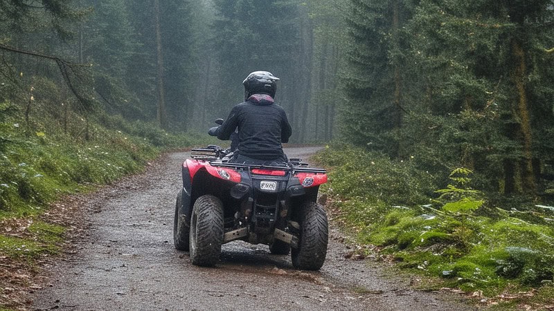 Ein Quad-Fahrer fährt im Breisgau einen Hügel im Wald hoch