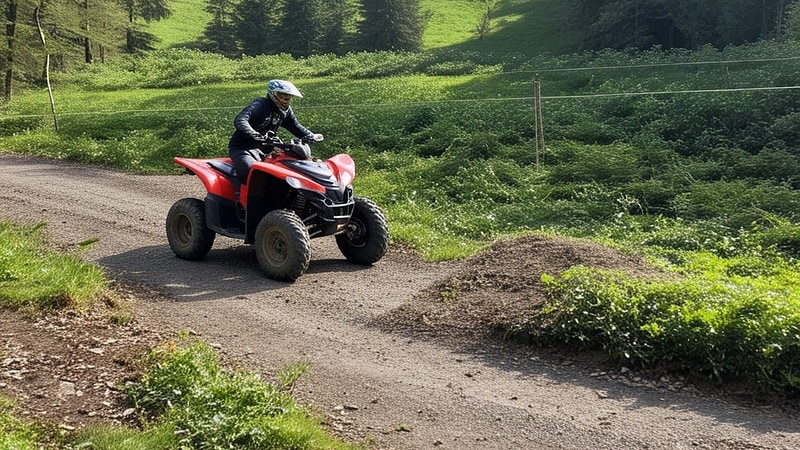 Ein Fahrer fährt über Feldweg