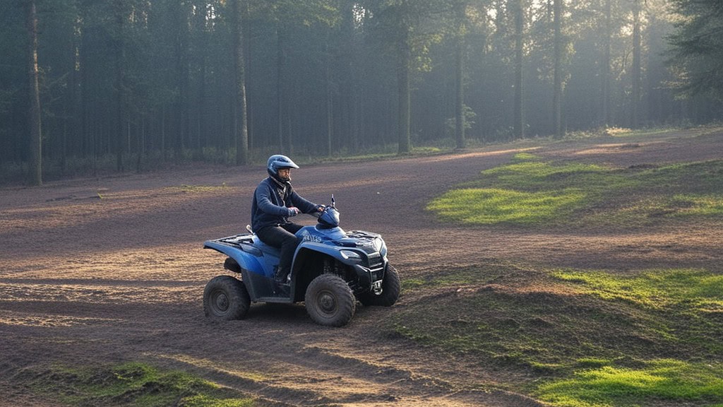 Quadtour-LueneburgerHeide-Fahrer auf Waldlichtung Fahrer mit blauem Quad auf einer Waldlichtung