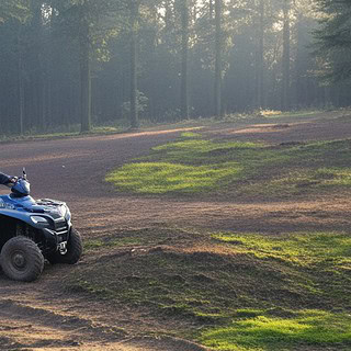 Quadtour-LueneburgerHeide-Fahrer auf Waldlichtung Fahrer mit blauem Quad auf einer Waldlichtung