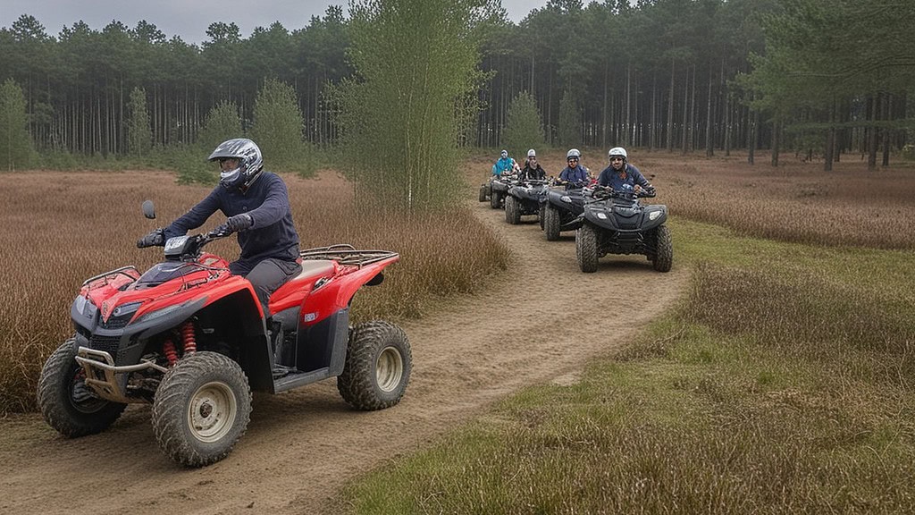 Quadtour-LueneburgerHeide-Kolonne in Waldkurve Quad Kolonne auf einem Waldweg in der Kurve