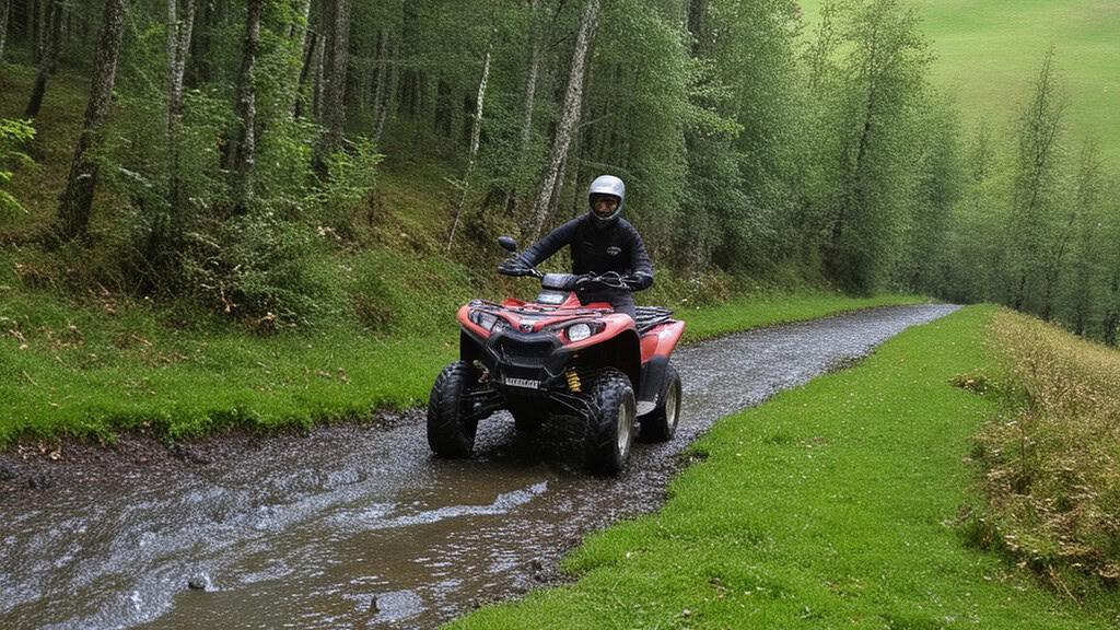 Quadtour-Memmingen-1-Quadfahrer-auf-Matschweg Quadfahrer auf Matschweg im Wald