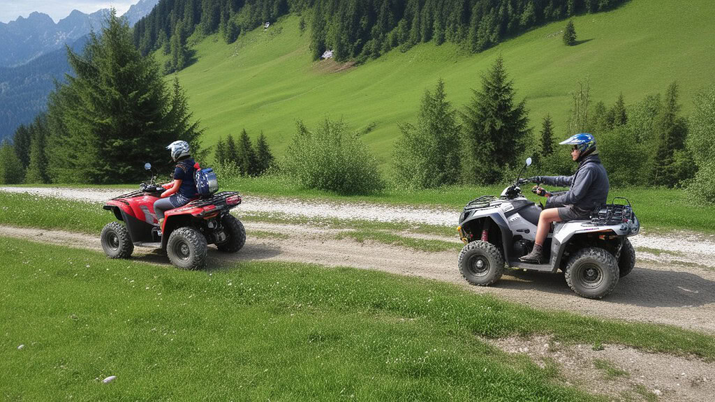 Quadtour-Memmingen-2-Quad-Fahrer-im-Gebirge Zwei Quadfahrer im Gebirge auf einem Feldweg