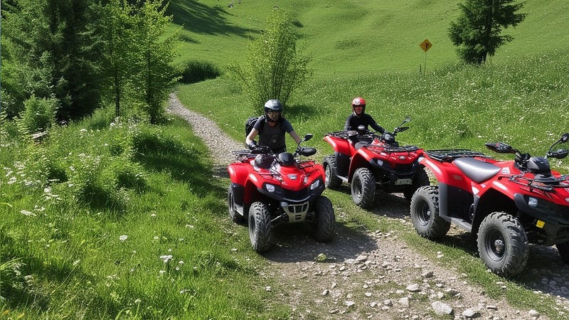 3 Quadfahrer auf Schotter-Waldweg