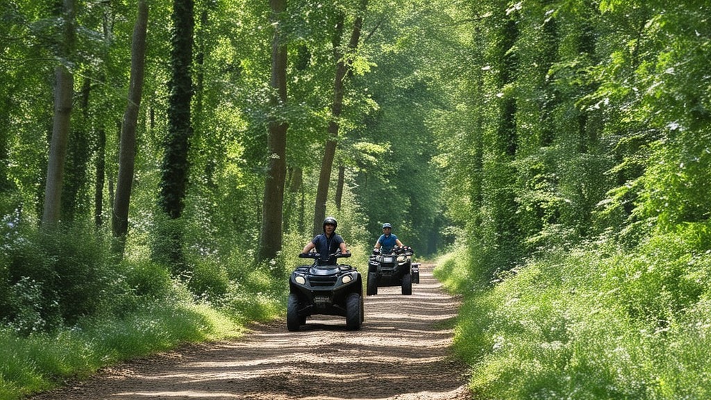 Quadtour-Parchim-zwei fahren durch den Wald Zwei Quadfahrer fahren durch den Wald