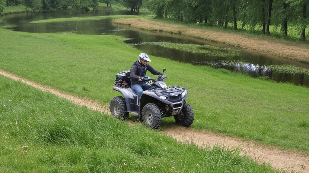 Quadtour-Schwerin-ein Quad fahrer am See Ein Fahrer fährt an kleinem See vorbei