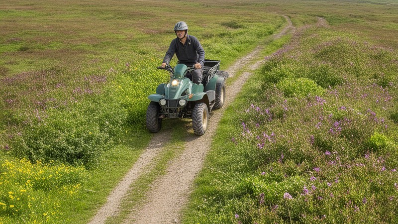 Mann fährt auf grünem Quad auf einem Feldweg