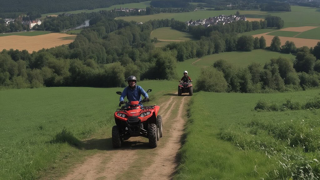Quadtour-Trier-2 Quadfahrer erklimmen Berg Zwei Fahrer auf Bergigem Feldweg