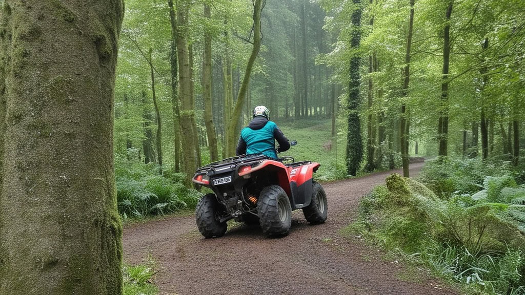 Quadtour-Vulkaneifel-auf Waldweg Quad Fahrer im Wald auf Waldweg