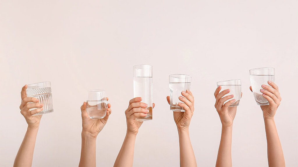 Wasserverkostung Sechs Hände halten jeweils ein Glas Wasser nach oben.